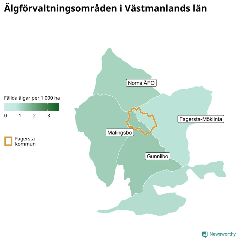 Fällda älgar per 1 000 hektar Västmanlands län