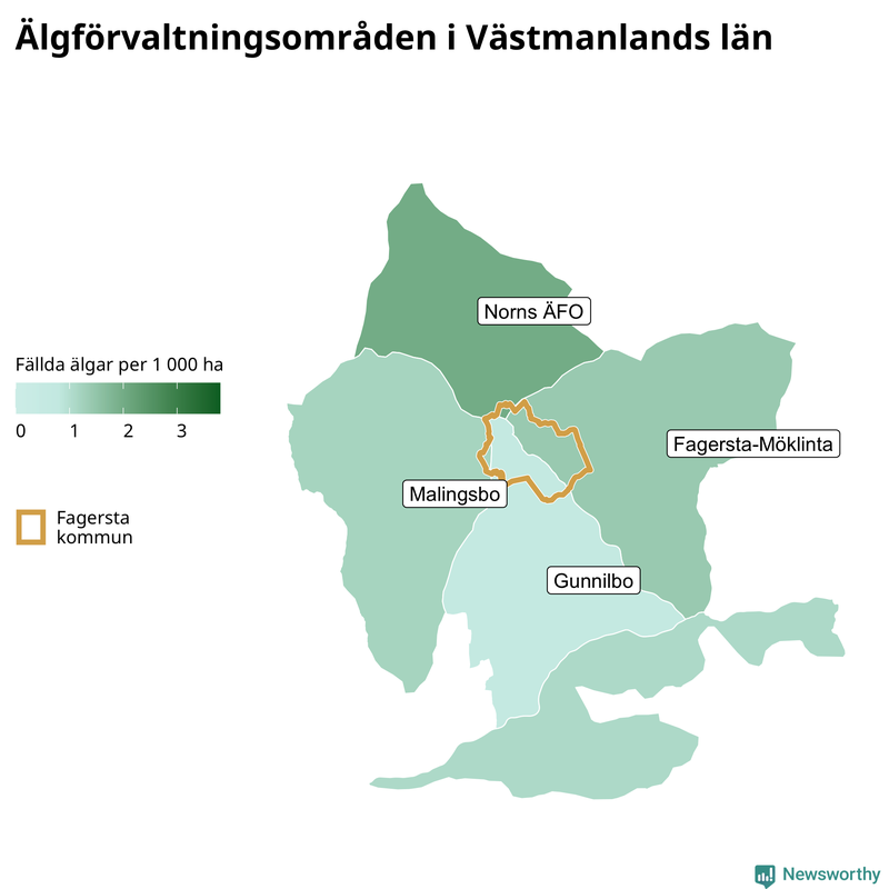 Fällda älgar per 1&nbsp;000 hektar Västmanlands län