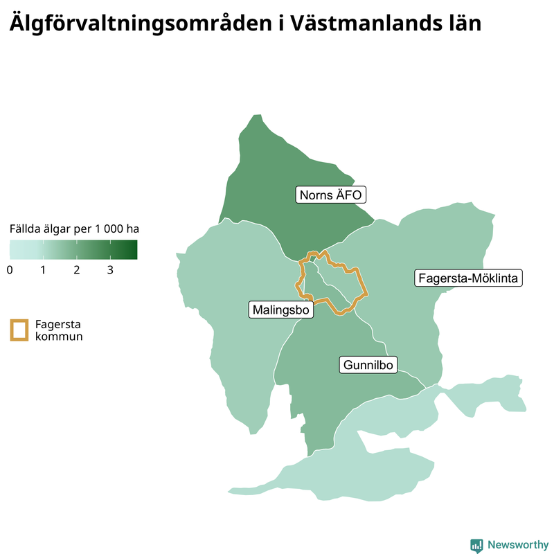 Fällda älgar per 1 000 hektar Västmanlands län