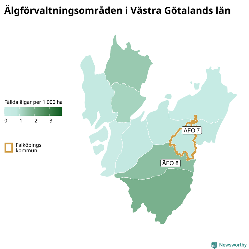 Fällda älgar per 1&nbsp;000 hektar Västra Götalands län