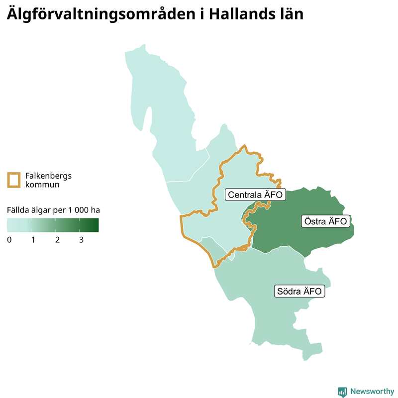 Fällda älgar per 1&nbsp;000 hektar Hallands län