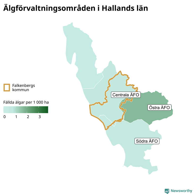 Fällda älgar per 1&nbsp;000 hektar Hallands län