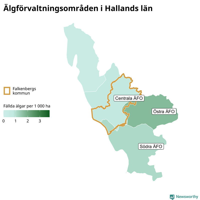 Fällda älgar per 1&nbsp;000 hektar Hallands län