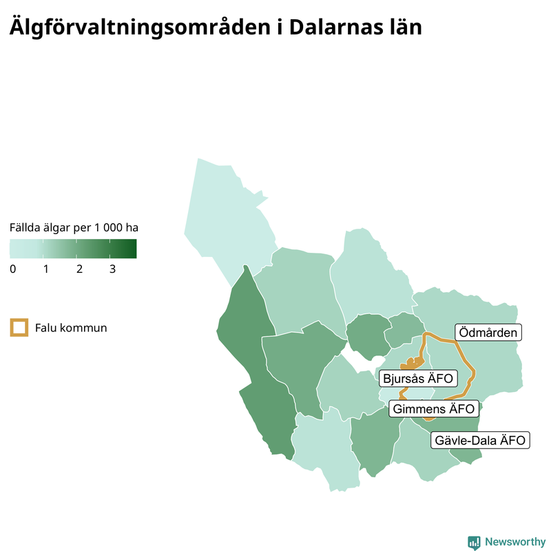Fällda älgar per 1&nbsp;000 hektar Dalarnas län