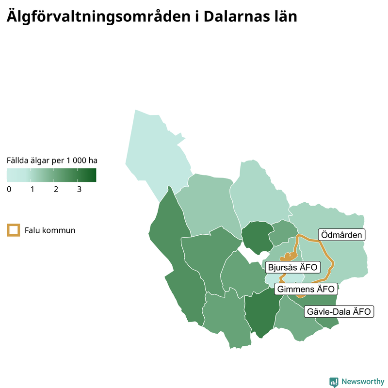 Fällda älgar per 1&nbsp;000 hektar Dalarnas län