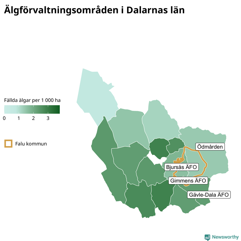 Fällda älgar per 1 000 hektar Dalarnas län