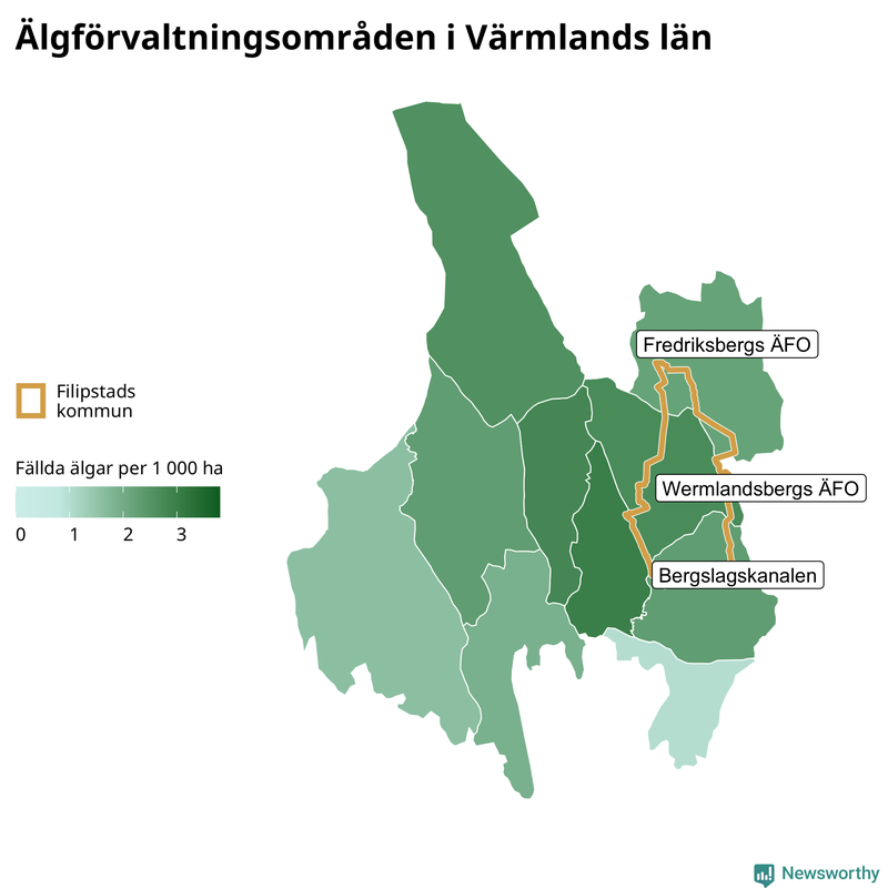 Fällda älgar per 1&nbsp;000 hektar Värmlands län