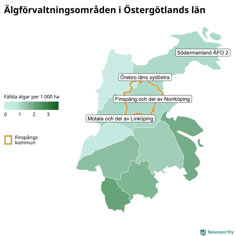Fällda älgar per 1&nbsp;000 hektar Östergötlands län