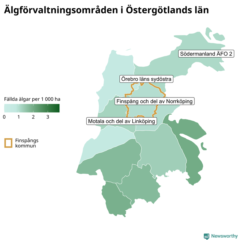 Fällda älgar per 1 000 hektar Östergötlands län