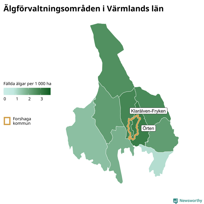 Fällda älgar per 1&nbsp;000 hektar Värmlands län