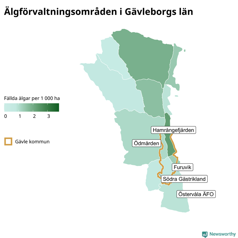 Fällda älgar per 1&nbsp;000 hektar Gävleborgs län