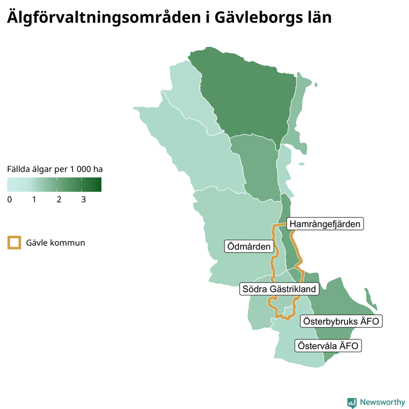 Fällda älgar per 1 000 hektar Gävleborgs län