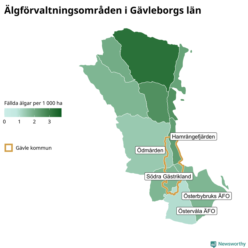 Fällda älgar per 1 000 hektar Gävleborgs län