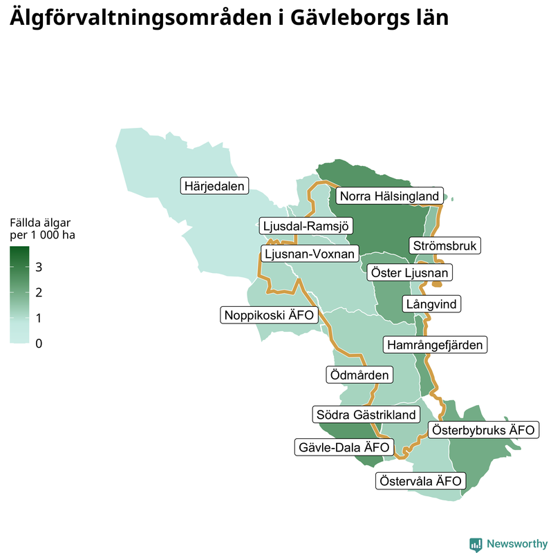 Fällda älgar per 1&nbsp;000 hektar Gävleborgs län