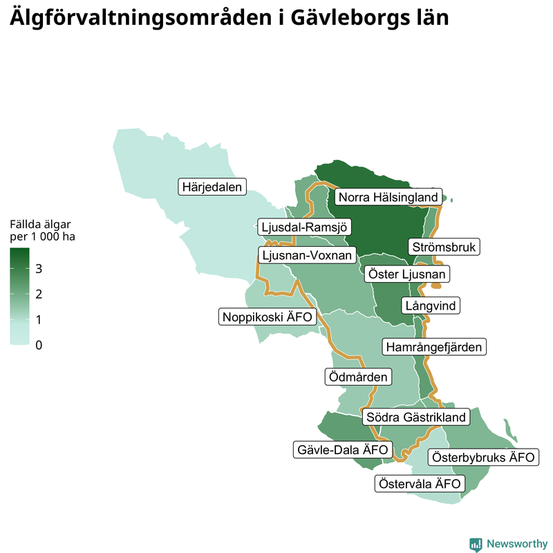 Fällda älgar per 1 000 hektar Gävleborgs län