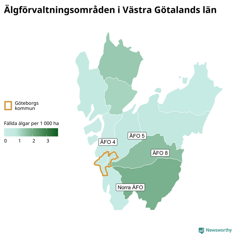Fällda älgar per 1&nbsp;000 hektar Västra Götalands län
