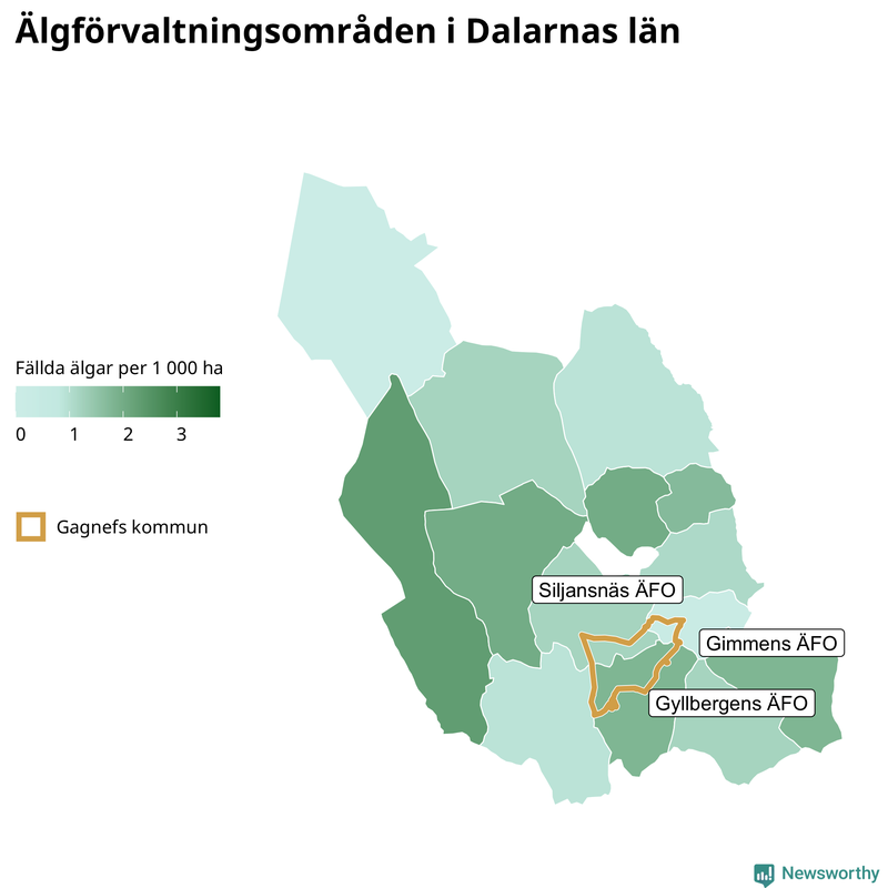 Fällda älgar per 1 000 hektar Dalarnas län