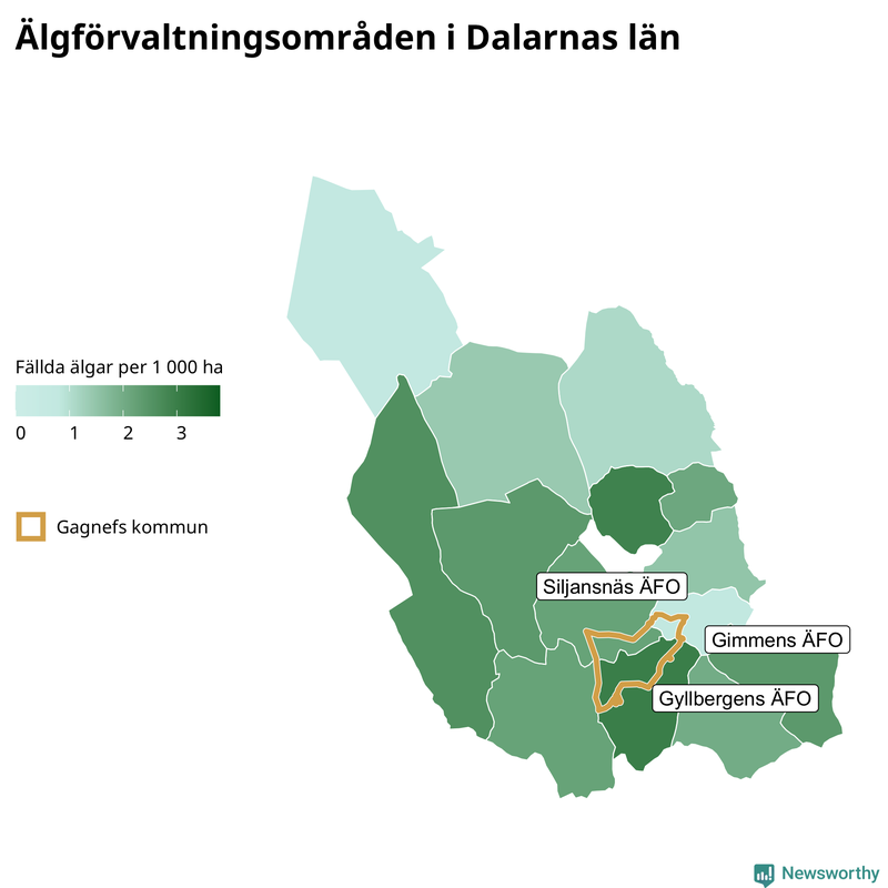 Fällda älgar per 1&nbsp;000 hektar Dalarnas län