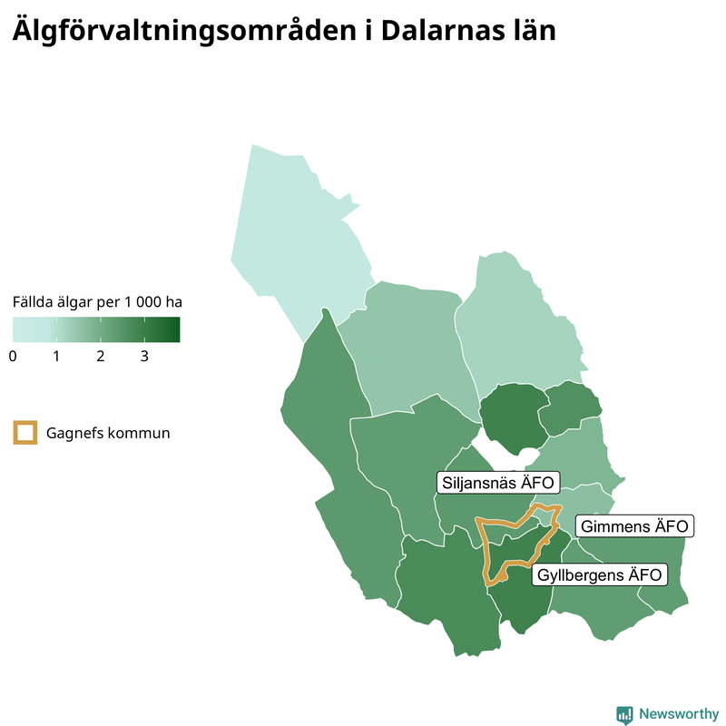 Fällda älgar per 1 000 hektar Dalarnas län