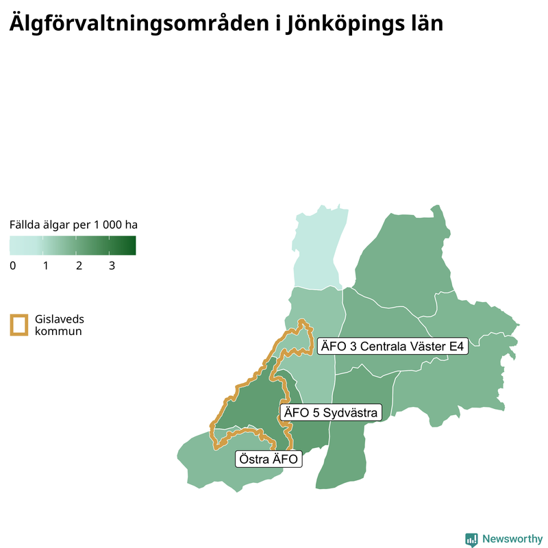 Fällda älgar per 1&nbsp;000 hektar Jönköpings län