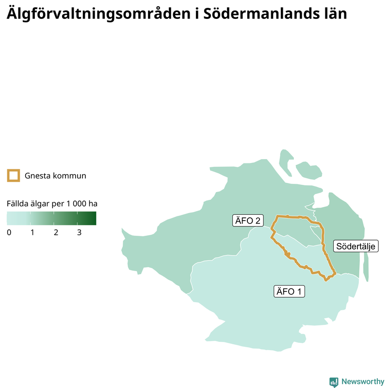 Fällda älgar per 1&nbsp;000 hektar Södermanlands län