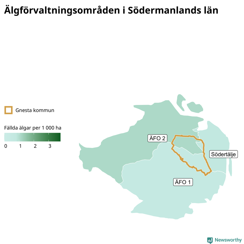 Fällda älgar per 1&nbsp;000 hektar Södermanlands län