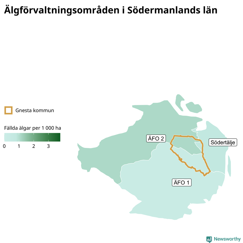 Fällda älgar per 1 000 hektar Södermanlands län