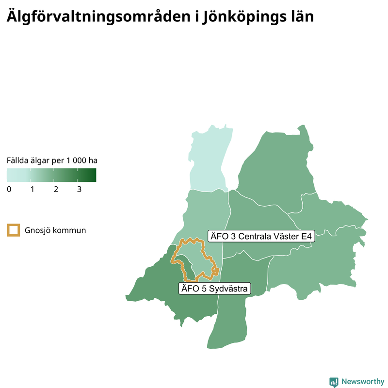 Fällda älgar per 1&nbsp;000 hektar Jönköpings län