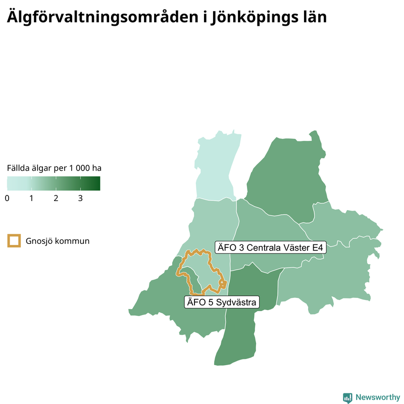 Fällda älgar per 1 000 hektar Jönköpings län