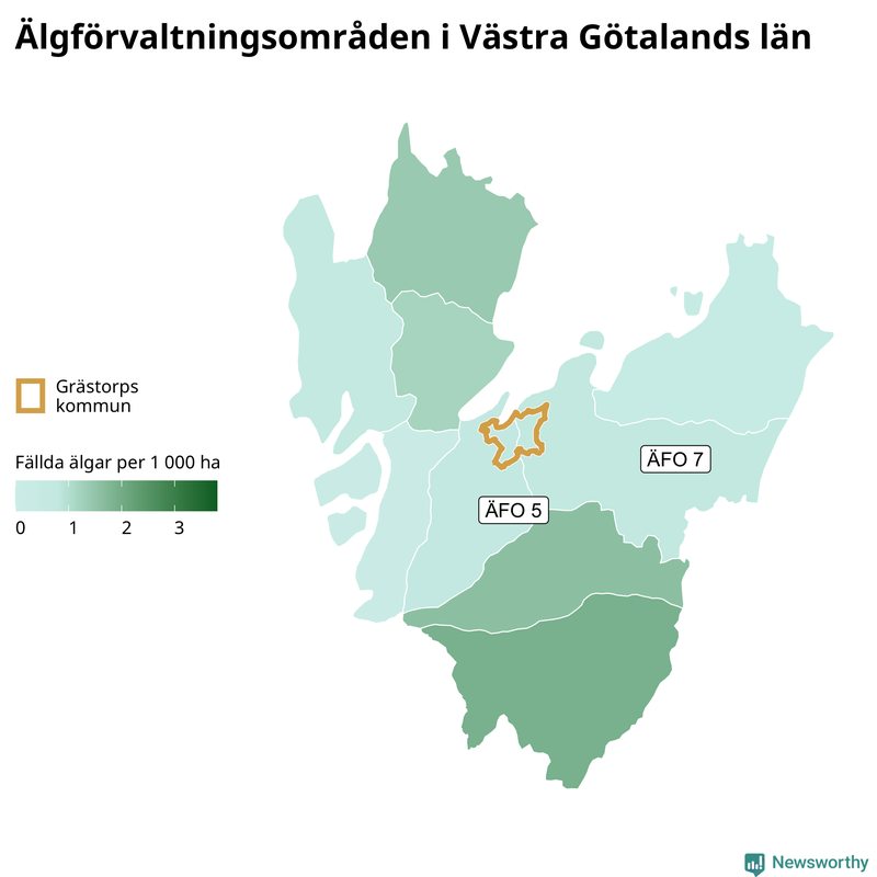 Fällda älgar per 1&nbsp;000 hektar Västra Götalands län