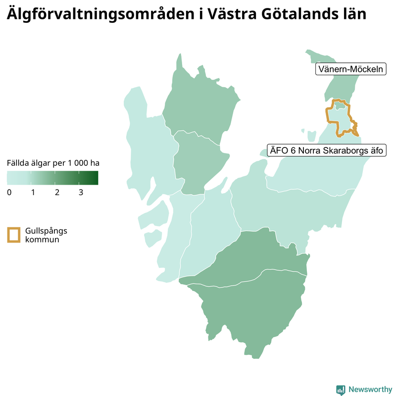Fällda älgar per 1&nbsp;000 hektar Västra Götalands län