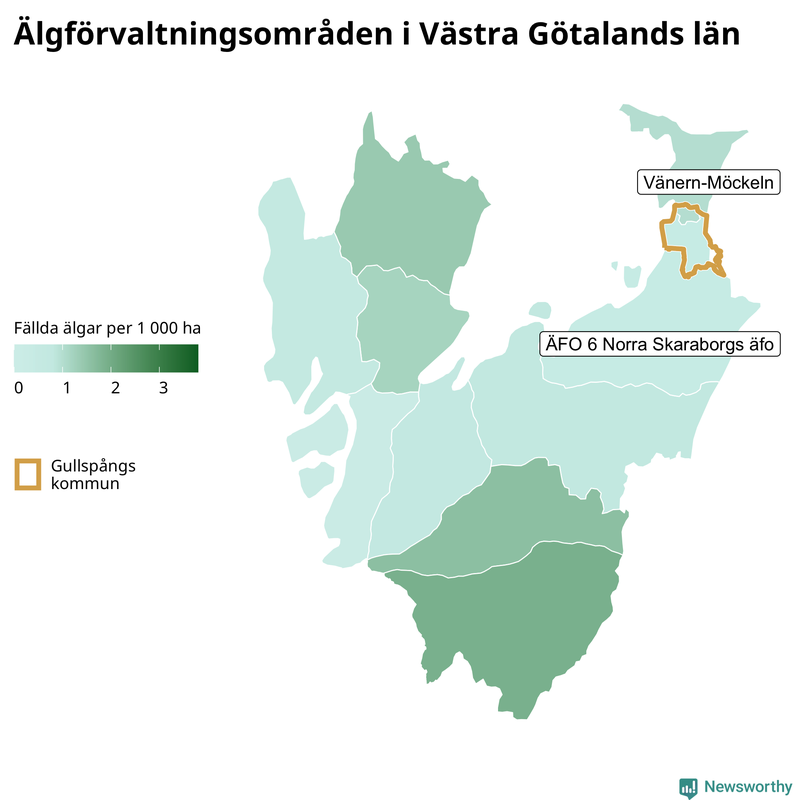 Fällda älgar per 1&nbsp;000 hektar Västra Götalands län