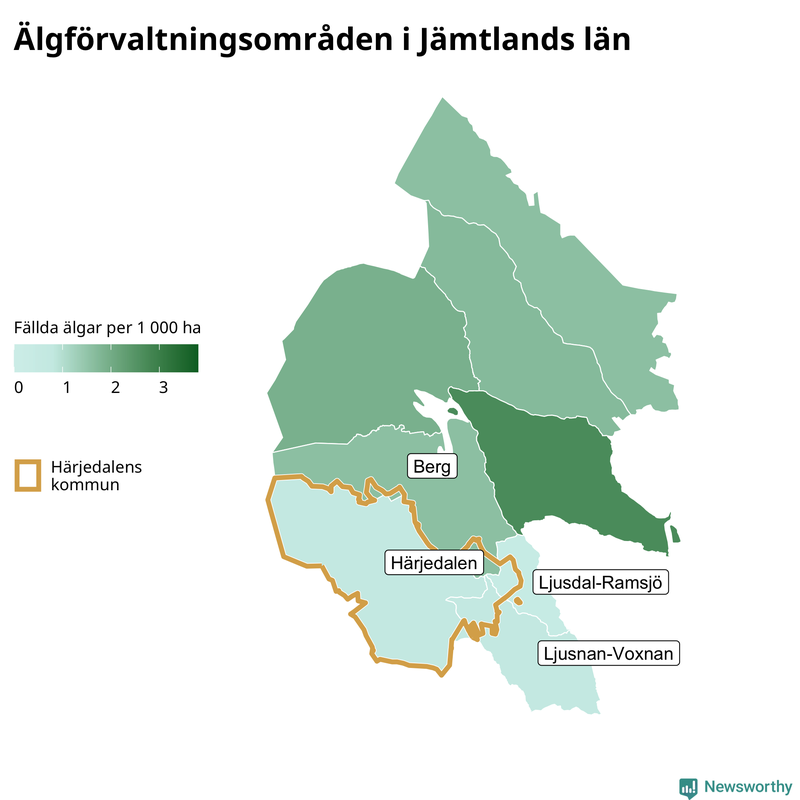 Fällda älgar per 1&nbsp;000 hektar Jämtlands län