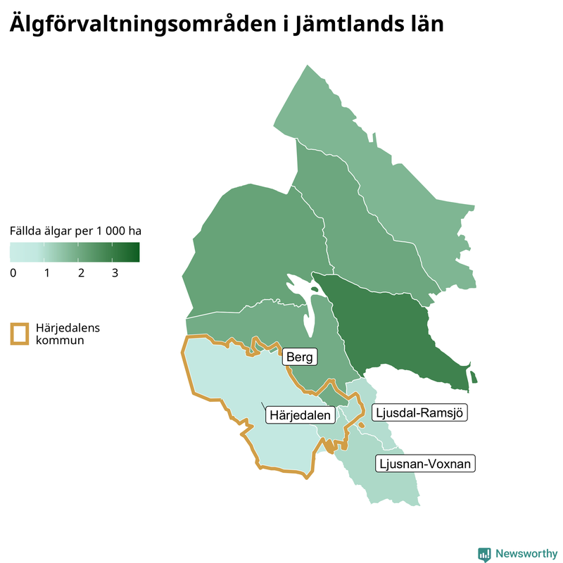 Fällda älgar per 1&nbsp;000 hektar Jämtlands län