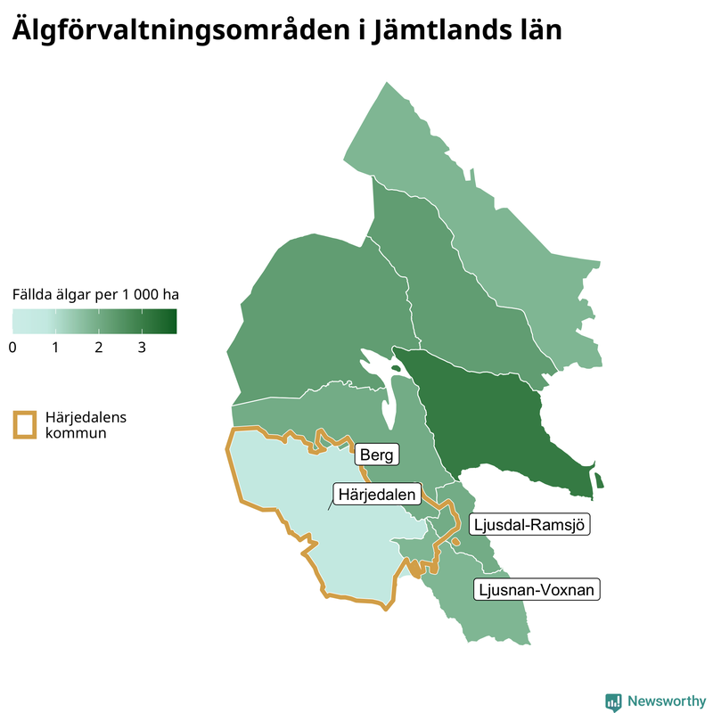 Fällda älgar per 1 000 hektar Jämtlands län