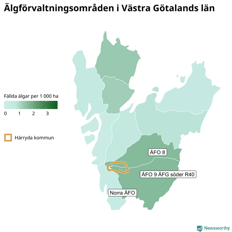 Fällda älgar per 1&nbsp;000 hektar Västra Götalands län