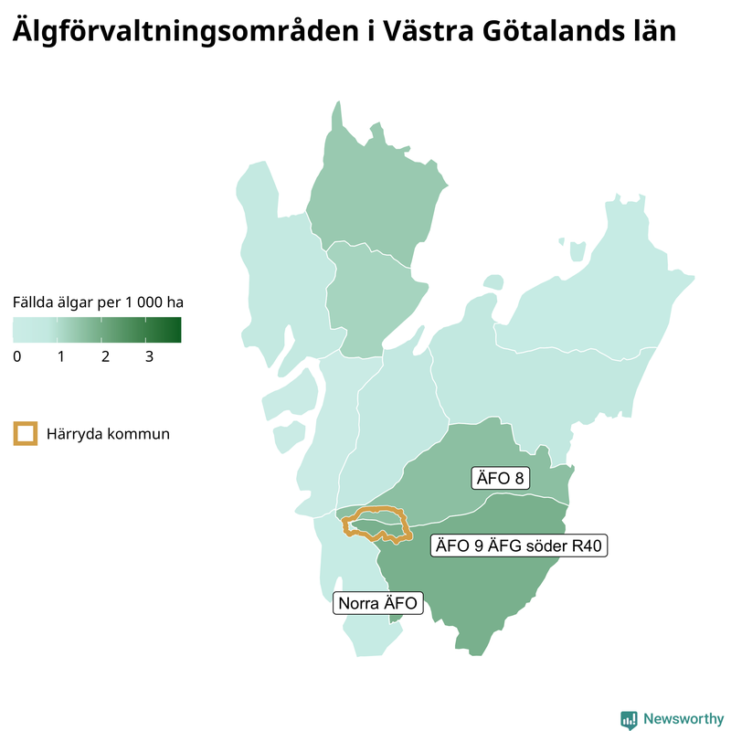 Fällda älgar per 1&nbsp;000 hektar Västra Götalands län