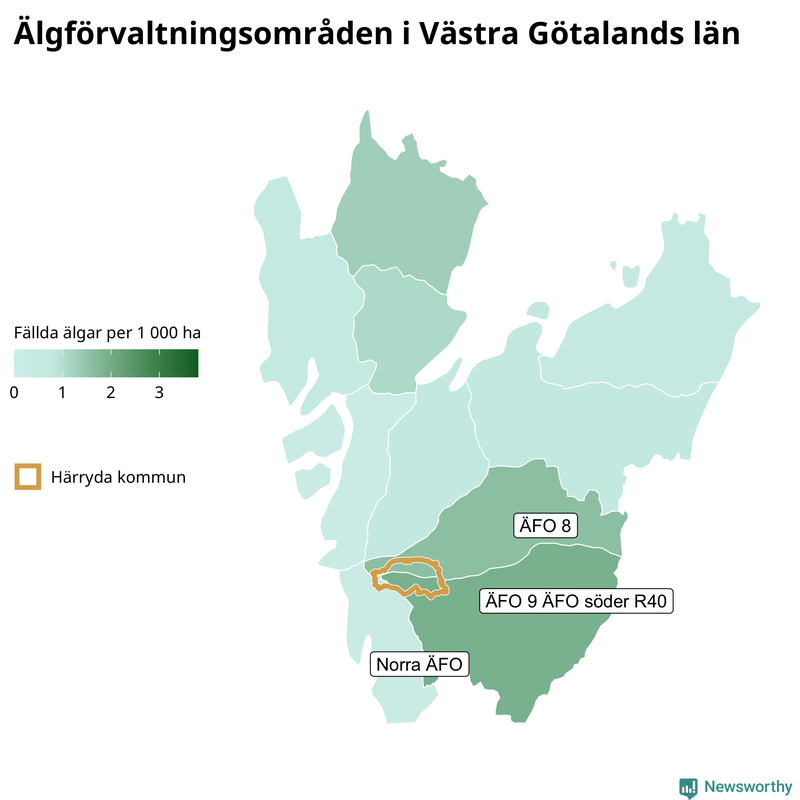 Fällda älgar per 1 000 hektar Västra Götalands län