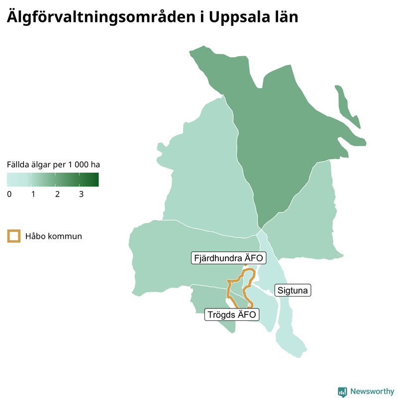 Fällda älgar per 1&nbsp;000 hektar Uppsala län