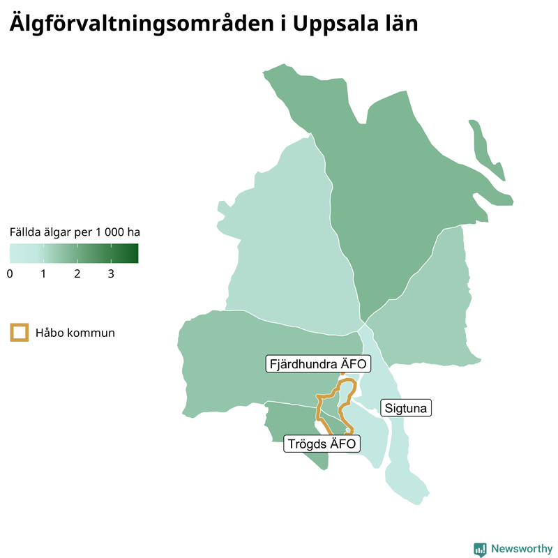 Fällda älgar per 1 000 hektar Uppsala län