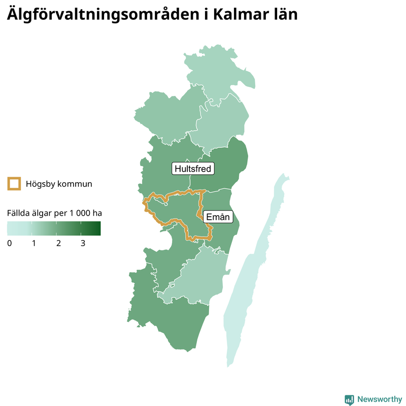 Fällda älgar per 1&nbsp;000 hektar Kalmar län