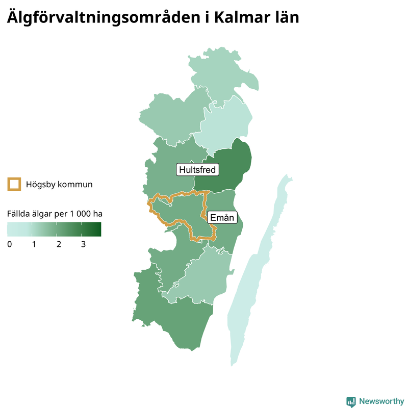 Fällda älgar per 1&nbsp;000 hektar Kalmar län