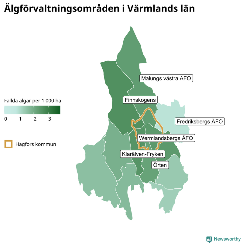 Fällda älgar per 1 000 hektar Värmlands län