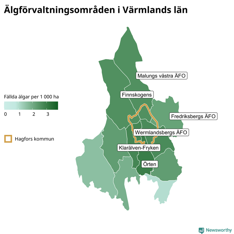 Fällda älgar per 1&nbsp;000 hektar Värmlands län