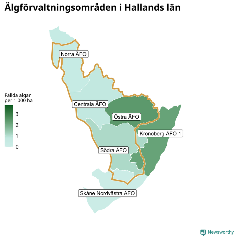 Fällda älgar per 1&nbsp;000 hektar Hallands län