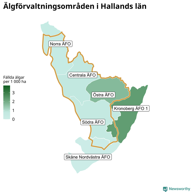 Fällda älgar per 1&nbsp;000 hektar Hallands län