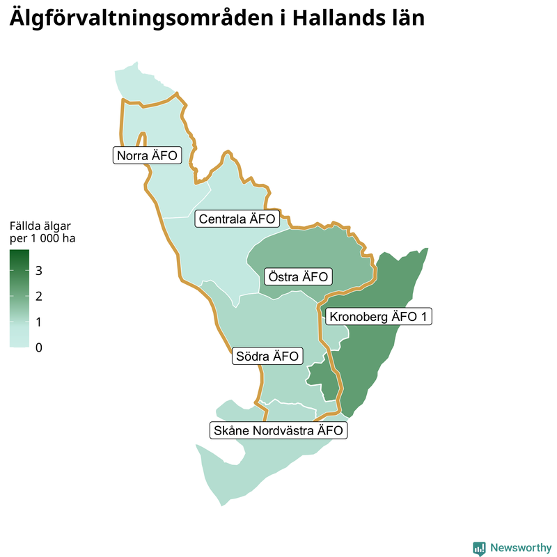 Fällda älgar per 1 000 hektar Hallands län