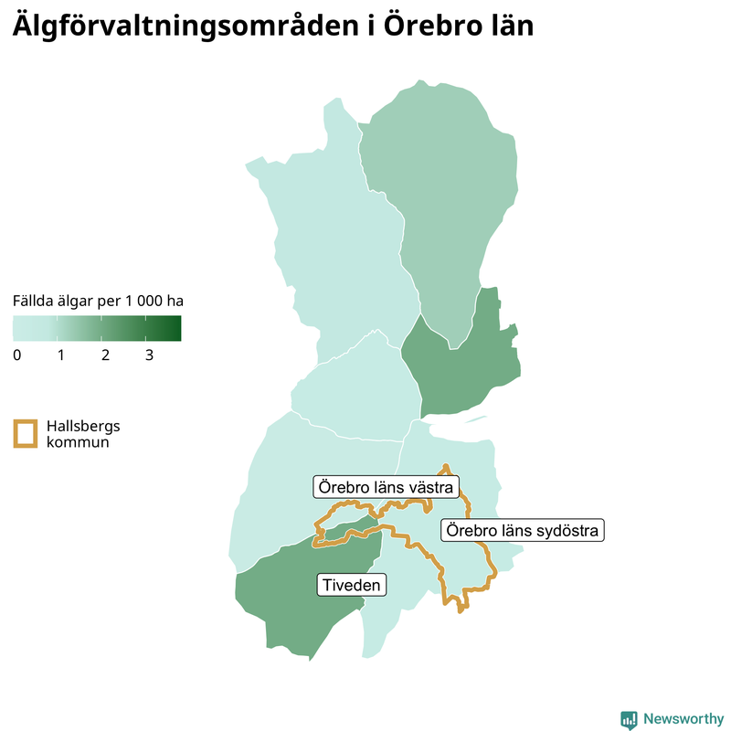 Fällda älgar per 1&nbsp;000 hektar Örebro län