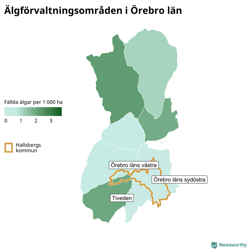 Fällda älgar per 1&nbsp;000 hektar Örebro län