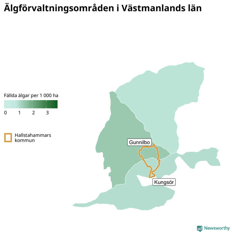 Fällda älgar per 1&nbsp;000 hektar Västmanlands län
